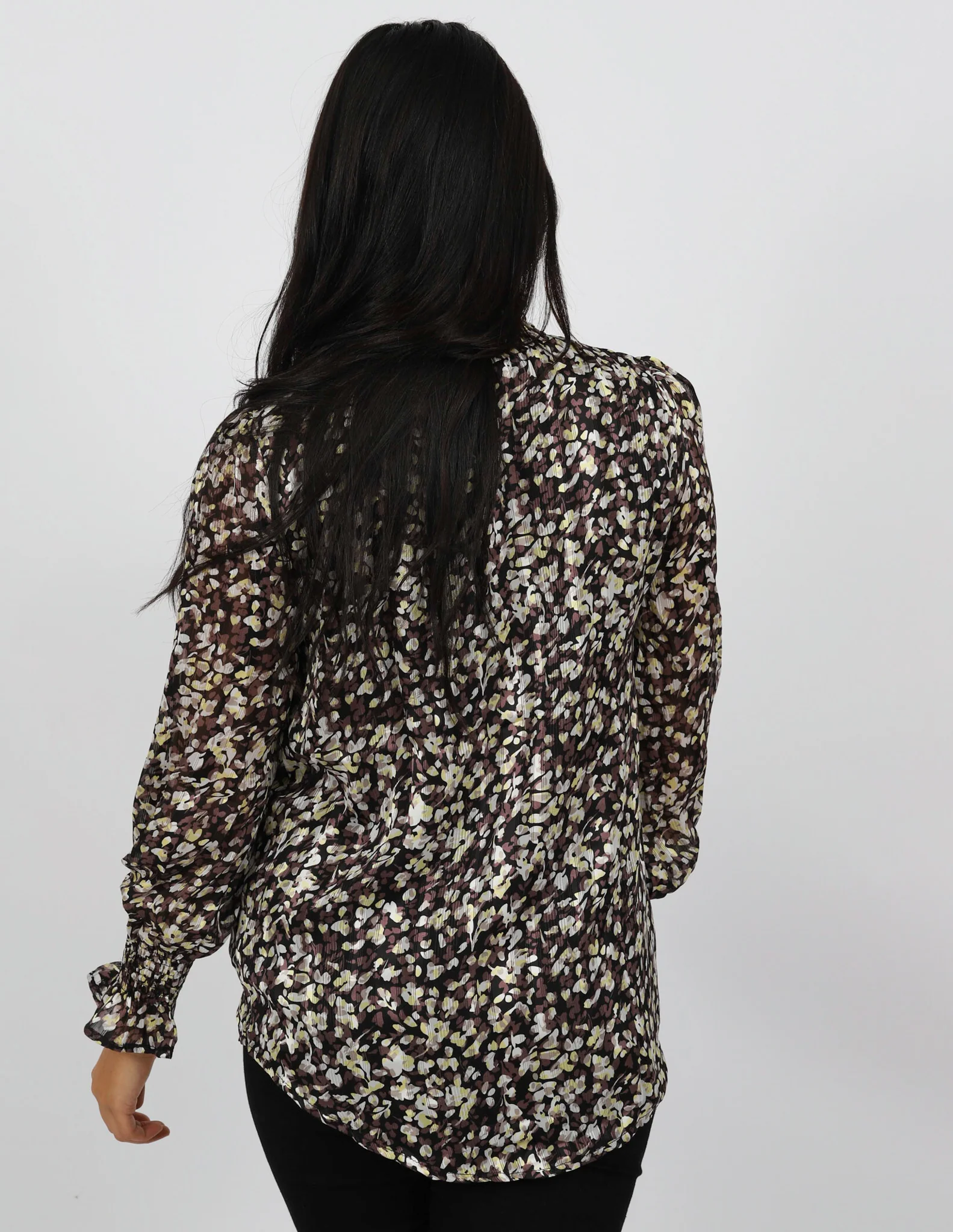 High Neck Printed Long Sleeve Top with Shirred Cuff - Image 3