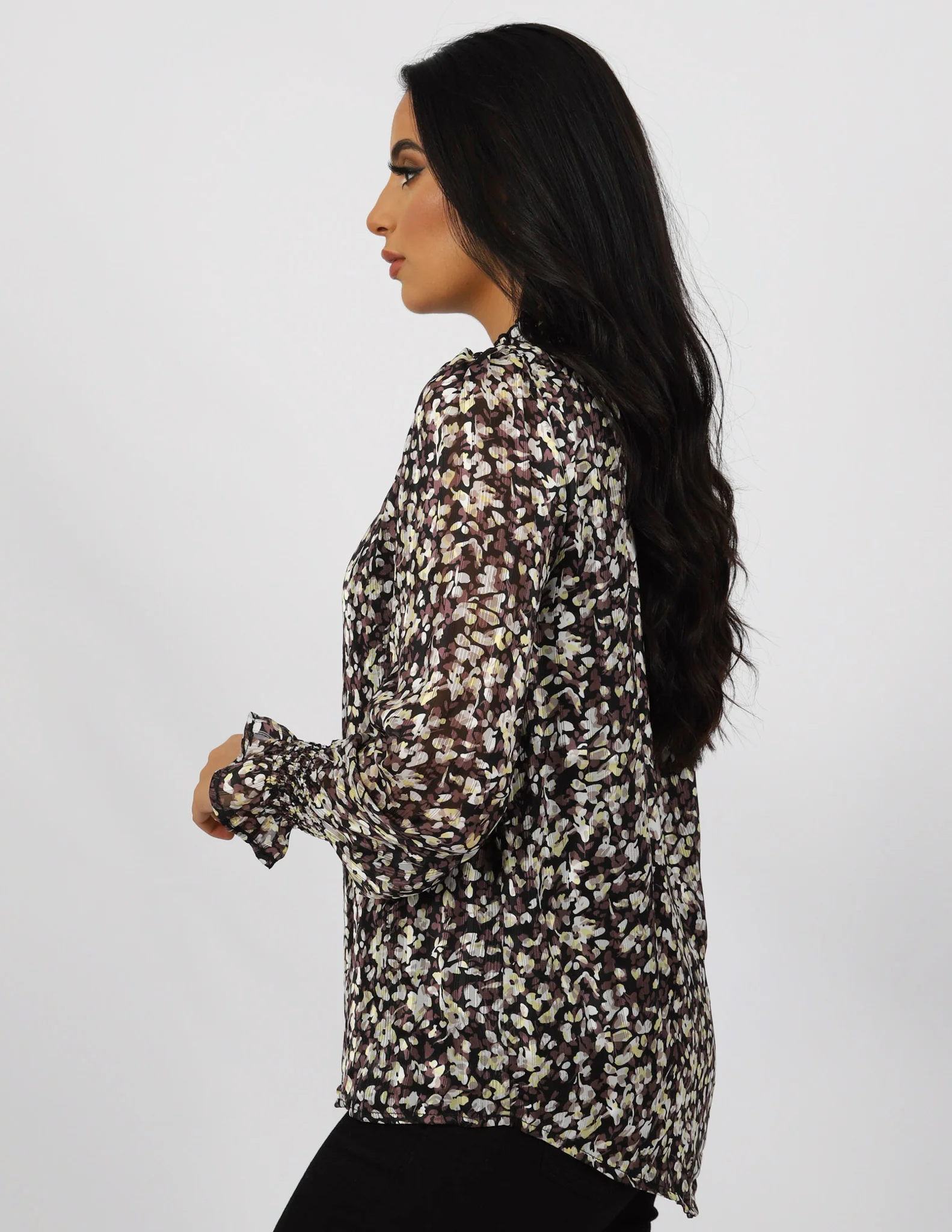 High Neck Printed Long Sleeve Top with Shirred Cuff - Image 6