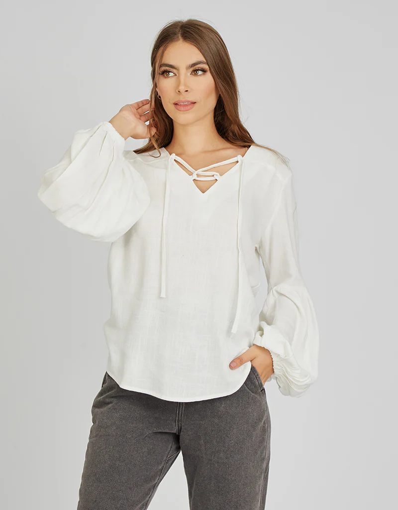 Linen Cross Neck Tie Puff Sleeve Top - Image 2