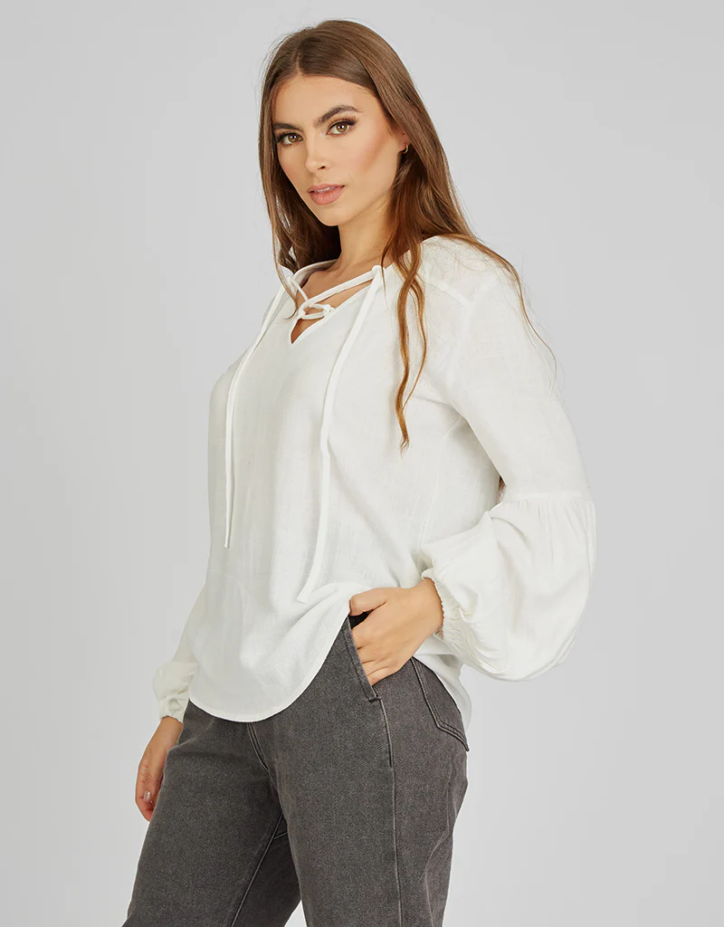 Linen Cross Neck Tie Puff Sleeve Top - Image 4