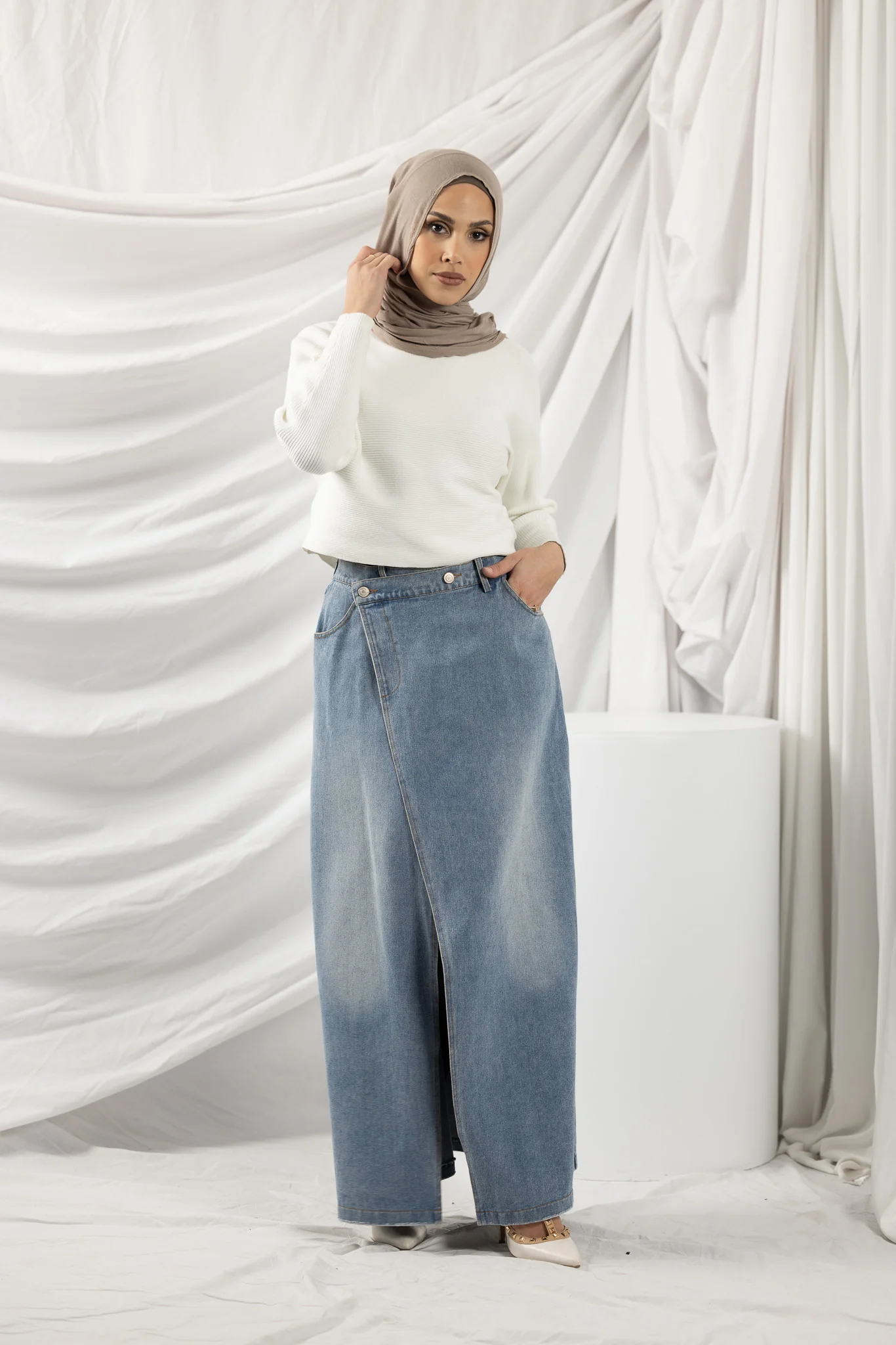 The Crescent Denim Button Wrap Skirt - Image 4