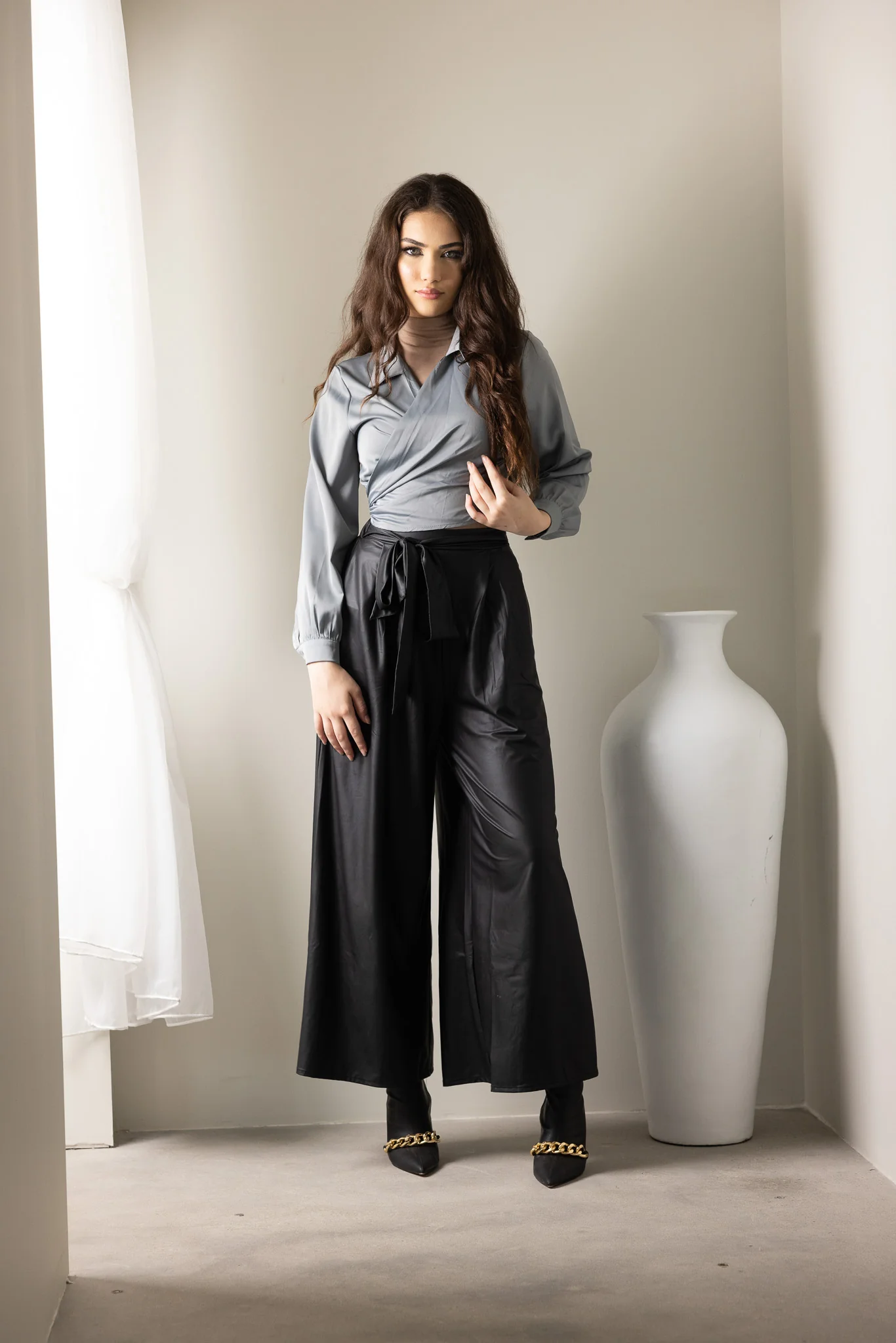 Wet Look Wide Leg Pants - Image 4